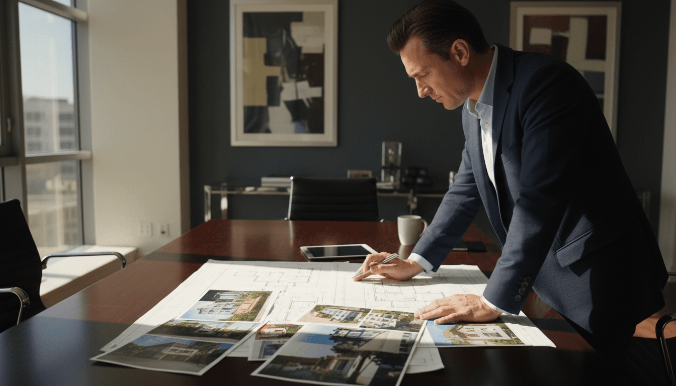 Real estate investor reviewing property offers and documentation