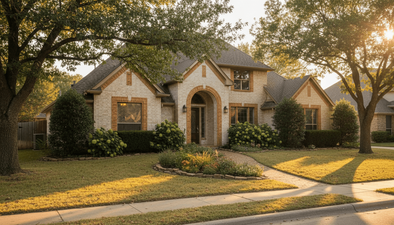 Warm-lit Tulsa home exterior at golden hour