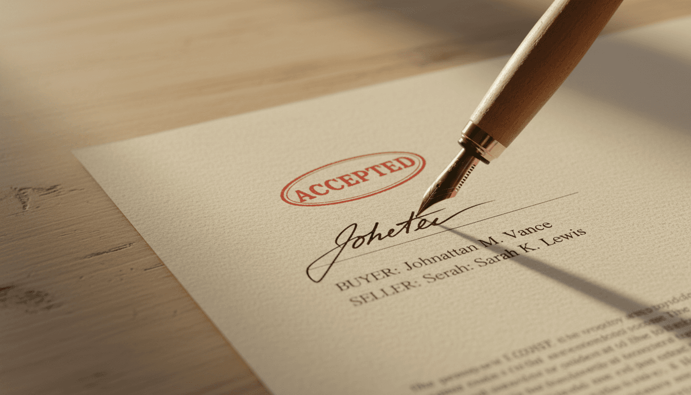 Signed real estate contract with acceptance stamp and pen detail