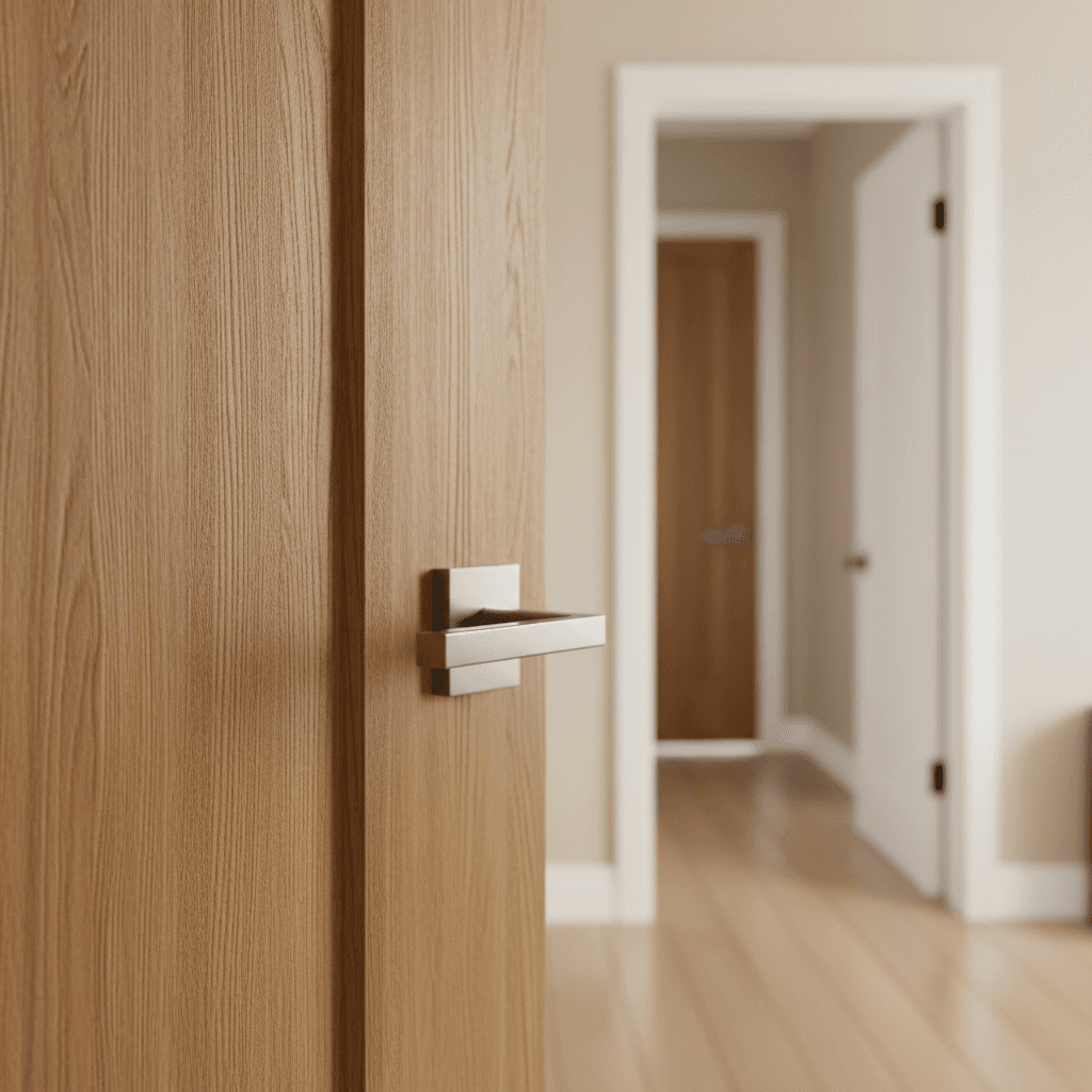 Home entrance door detail with brass hardware