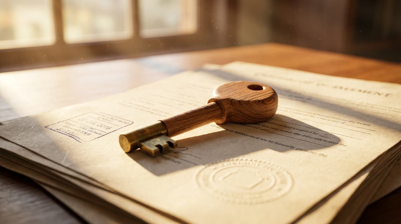 House keys and property deed on wooden surface